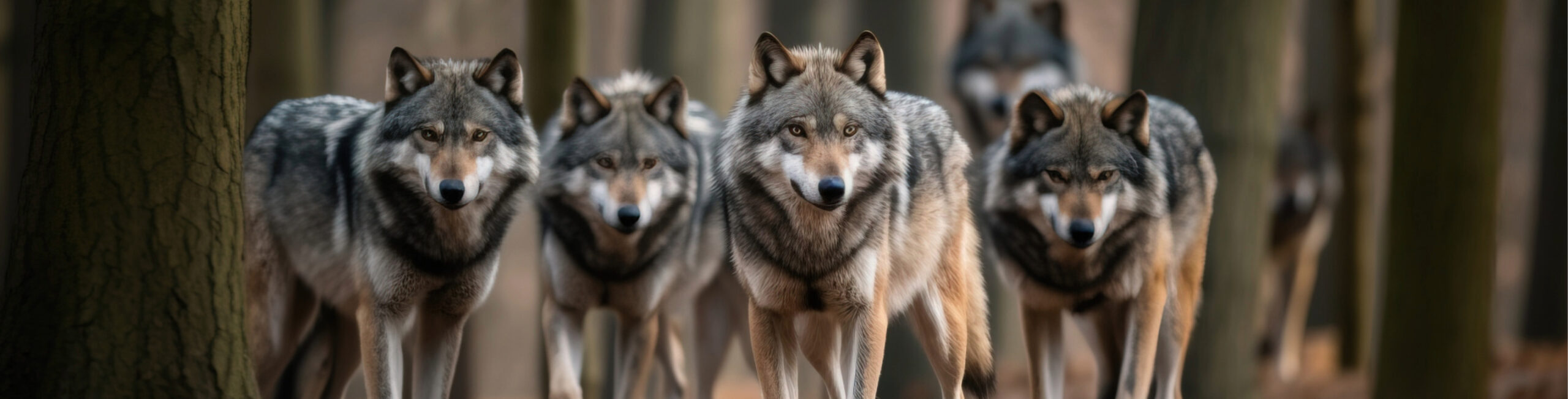 Vier weiß-graue Wölfe als Rudel im Wald. Im Hintergrund sind noch mehrere Wölfe in der Unschärfe zu sehen.